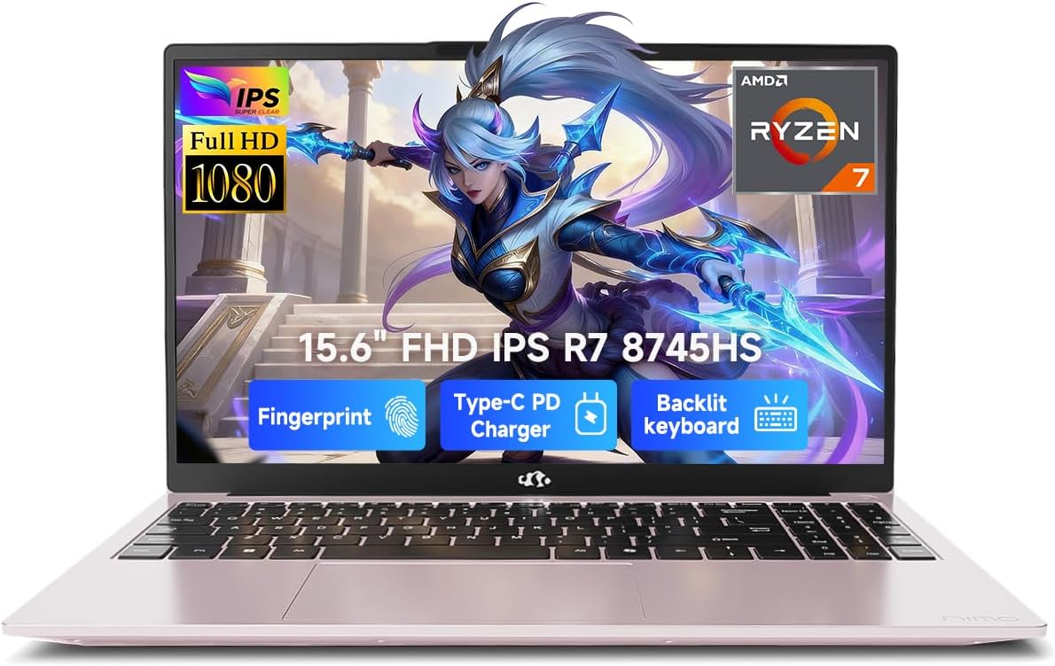 NIMO 15.6" IPS FHD-Gaming-Laptop, AMD Ryzen 7 8745HS 64GB DDR5 RAM 1TB SSD (Beat R9 6900HX, up to 4.9GHz) Radeon 780M GPU Business Computer with 100W Type-C Backlit Keyboard, Fingerprint USB-C 4.0