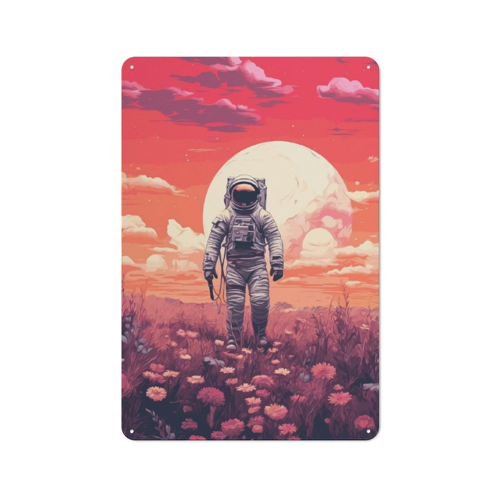 Junmoney Astronaut Floral Painting Industrial Decorative Metal Plaque 30X20cm, Studio Wall Art For Flat, Bar, Studio Or Gallery Wall