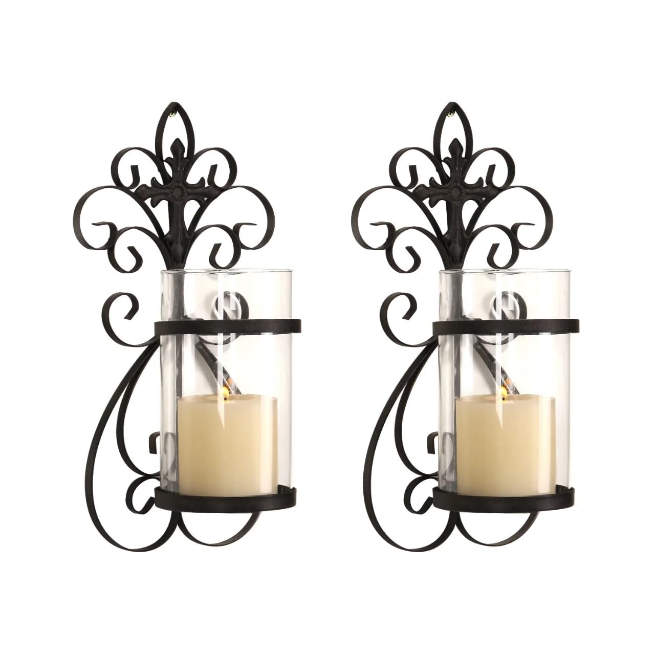 Wall Mounted Candle Holder Sconce with Glass, Black Metal with Antique Finish, Glass Cup, 13.6 inches Height, Set of 2-image-44