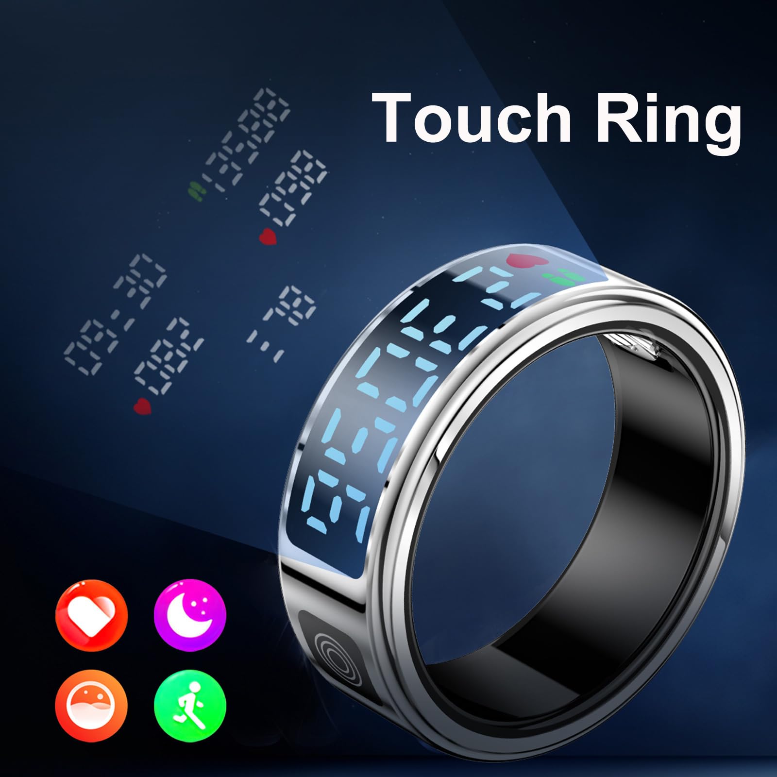 Smart Ring Touch - Bague de fitness - Pour homme et femme - Montre intelligente - Android iOS - Tracker de sommeil - Podomètre - Fréquence cardiaque - SpO2 - Étanche - Scrolling - Tracker d'activité