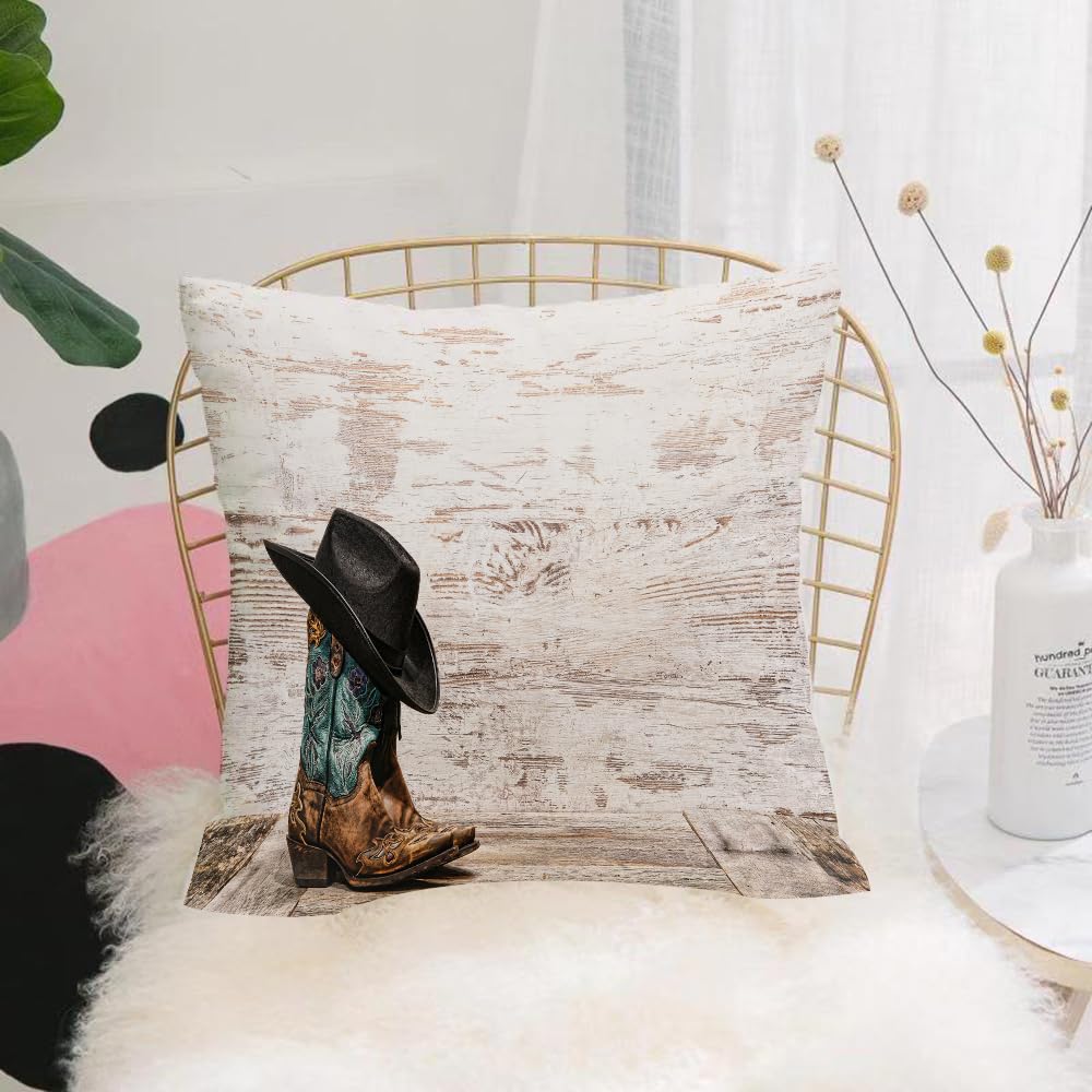 HYMSXW Cushion Cover,Throw Pillow Case Home Decorative for Living Room Bedroom Sofa Chair 20X20 Inch,cowboy boots and hat on a wood background with vintage tinted effect and writin,Pillowcase 50X50cm