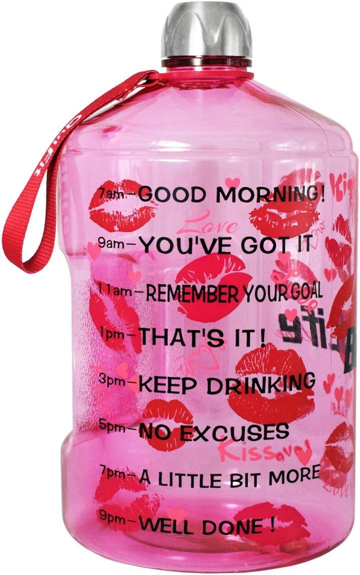 BuildLife 1 Gallon Water Bottle Motivational Fitness Workout with Time Marker/Drink More Daily/Clear BPA Free/Large 128OZ Capacity Throughout The Day(Lips, 1 Gallon)