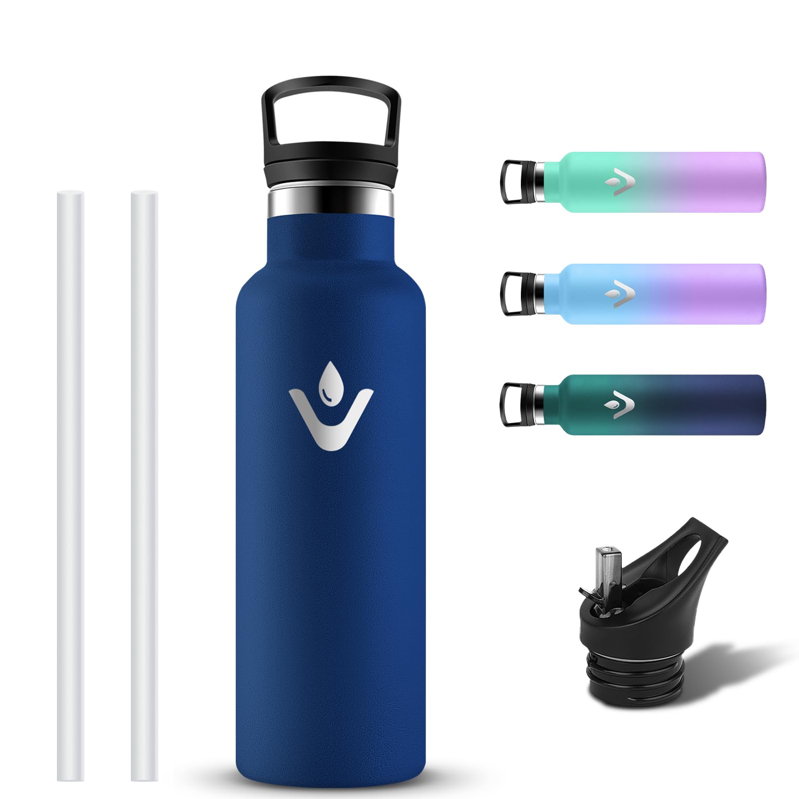 Grsta Boys Darkblue Stainless Steel Water Bottle, Thermos Flask, 500 Ml, Leak-Proof, Children's Drinking Bottle With 2 Lids, Bpa-Free Drinking Bottle With Straw, Water Bottle, Carbonated Drinks, Suitable For