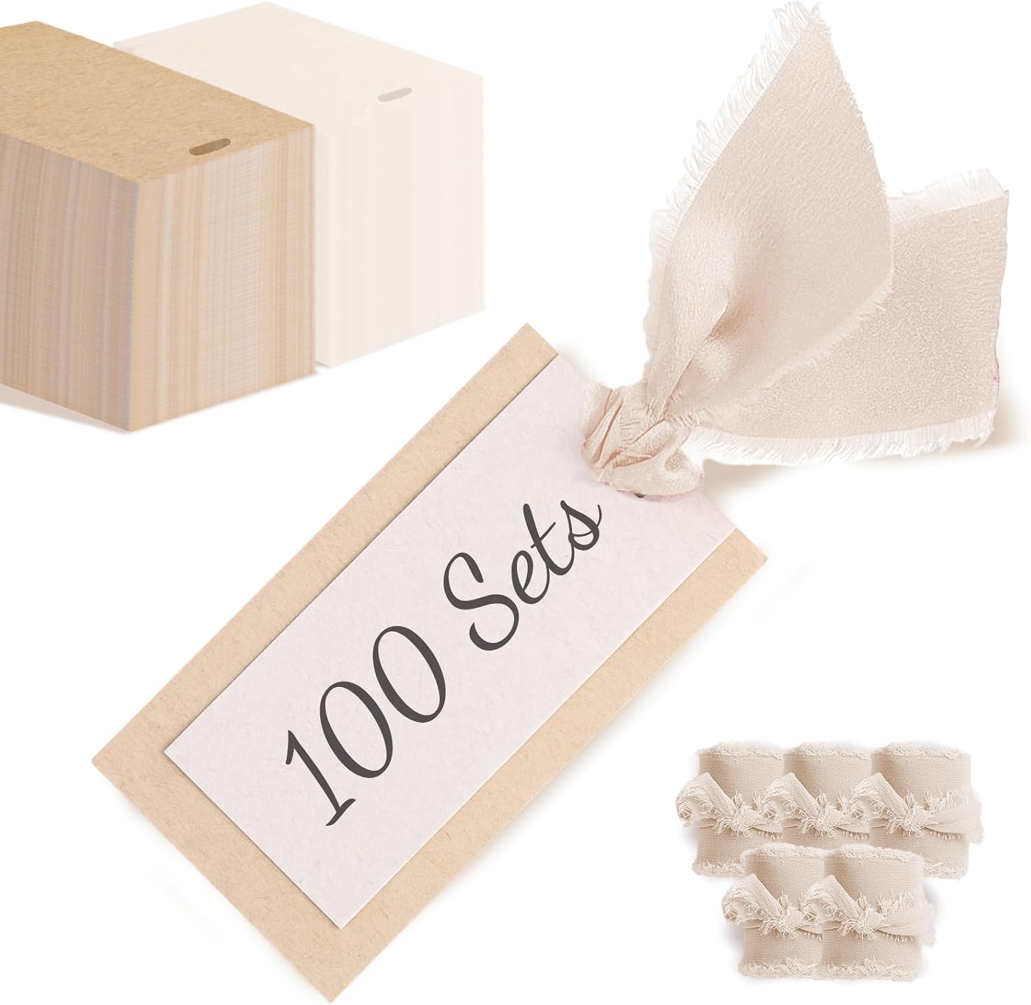 100 Pcs Name Place Cards for Table Setting, Wedding Place Cards with Ivory Ribbon, 3.94" X 2.17" Blank Placecards for Dinner Party Events, Hanging Gift Tags, Table Setting Supplies, Beige