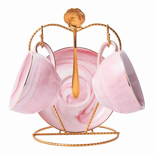 Ceramic Espresso Cups Set with Saucers and Metal Stand, 4 oz Porcelain Stackable Cappuccino Cups Teacup For Tea, Espresso, Latte, Coffee, Cafe Mocha (Pink