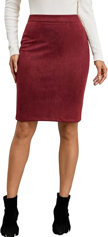 Women's High Waist Midi Skirt Suede Panel Seams Zipper Skirts