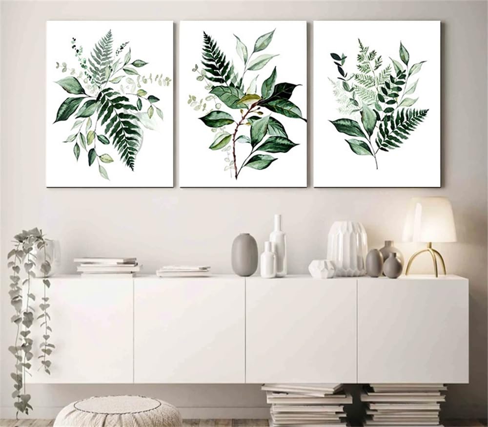 WBYZAC Wall Pictures-Green Leaves Wall Art Canvas Painting Modern Style Plant Leaf Posters Nordic Interior Bedroom Kitchen Office Home Decor Pictures-30 * 50cm*3PCS (No Frame)