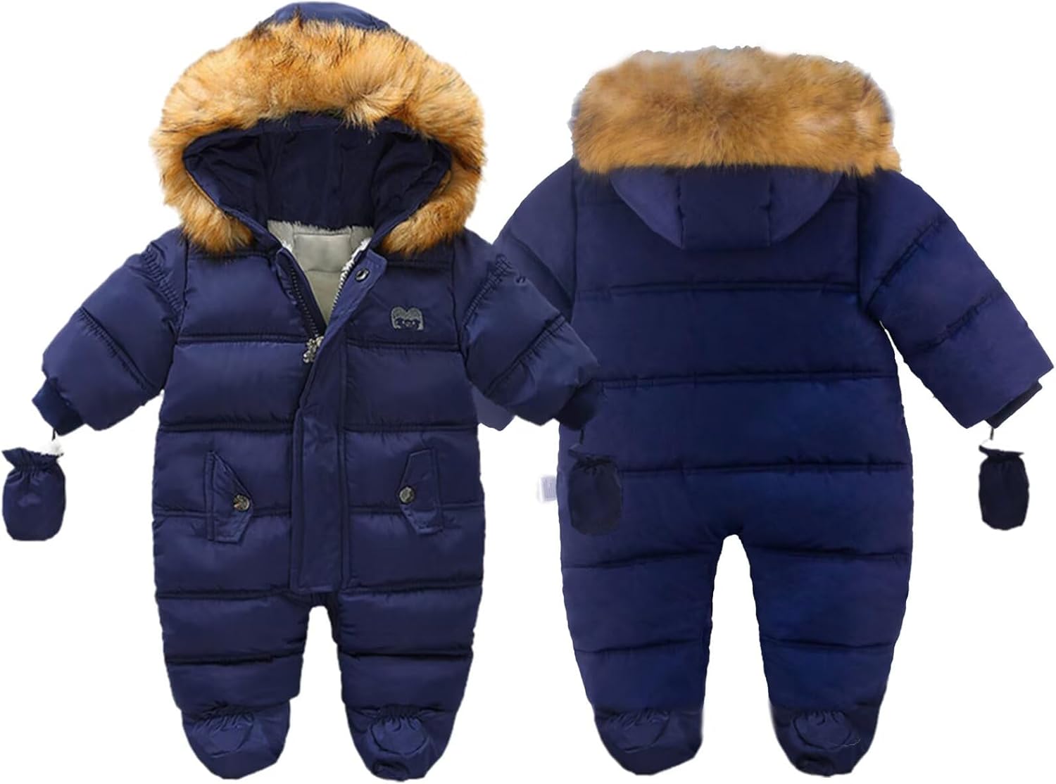 BYFRI Baby Boys Girls Snowsuit with Gloves Toddler Winter Hooded Footie Infant Warm Jumpsuit Outerwer Thick Newborn Coat