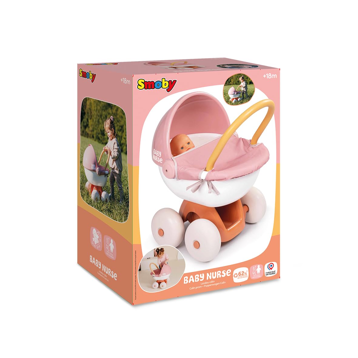 Smoby - Baby Nurse - Wózek przytulanka - dla niemowląt i lalek do 42 cm - Ciche koła - Kosz do przechowywania - Materiał z recyklingu - Od 18 miesięcy - Wyprodukowano we Francji