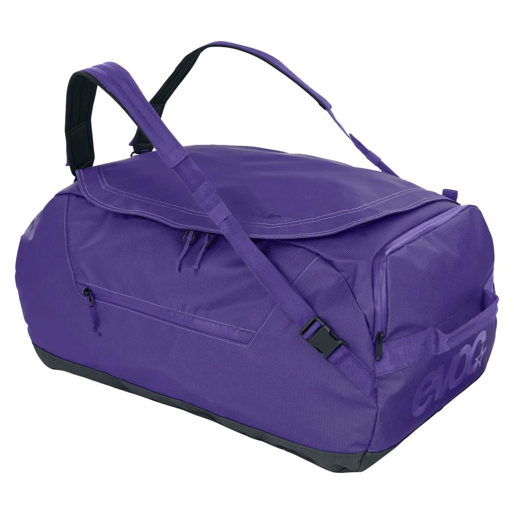 EVOC DUFFLE BAG 60 Wodoodporna torba podróżna i na sprzęt (torba podróżna z odpinanym paskiem do noszenia, uniwersalnym zastosowaniem i zamkiem, bez PVC, rozmiar M), fioletowo-czarna