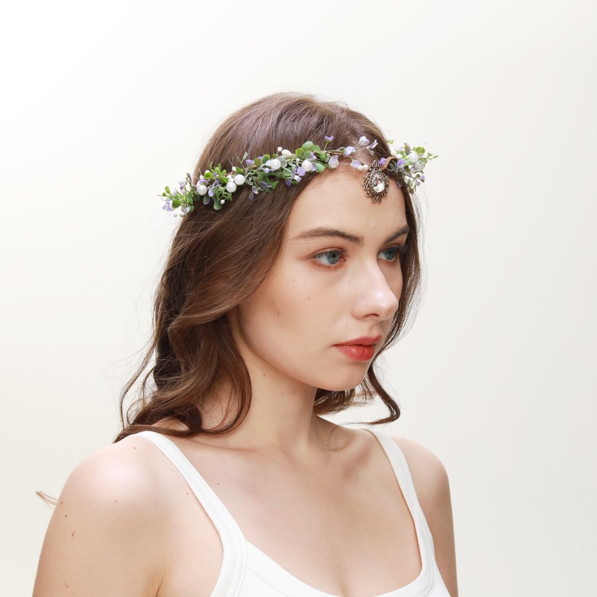 LEEMASING Flower Headband Elf Garland Crown Fairy Floral Diademas Headpiece For Easter Carnival Party Bridal Wedding (Purple White) - Image 2