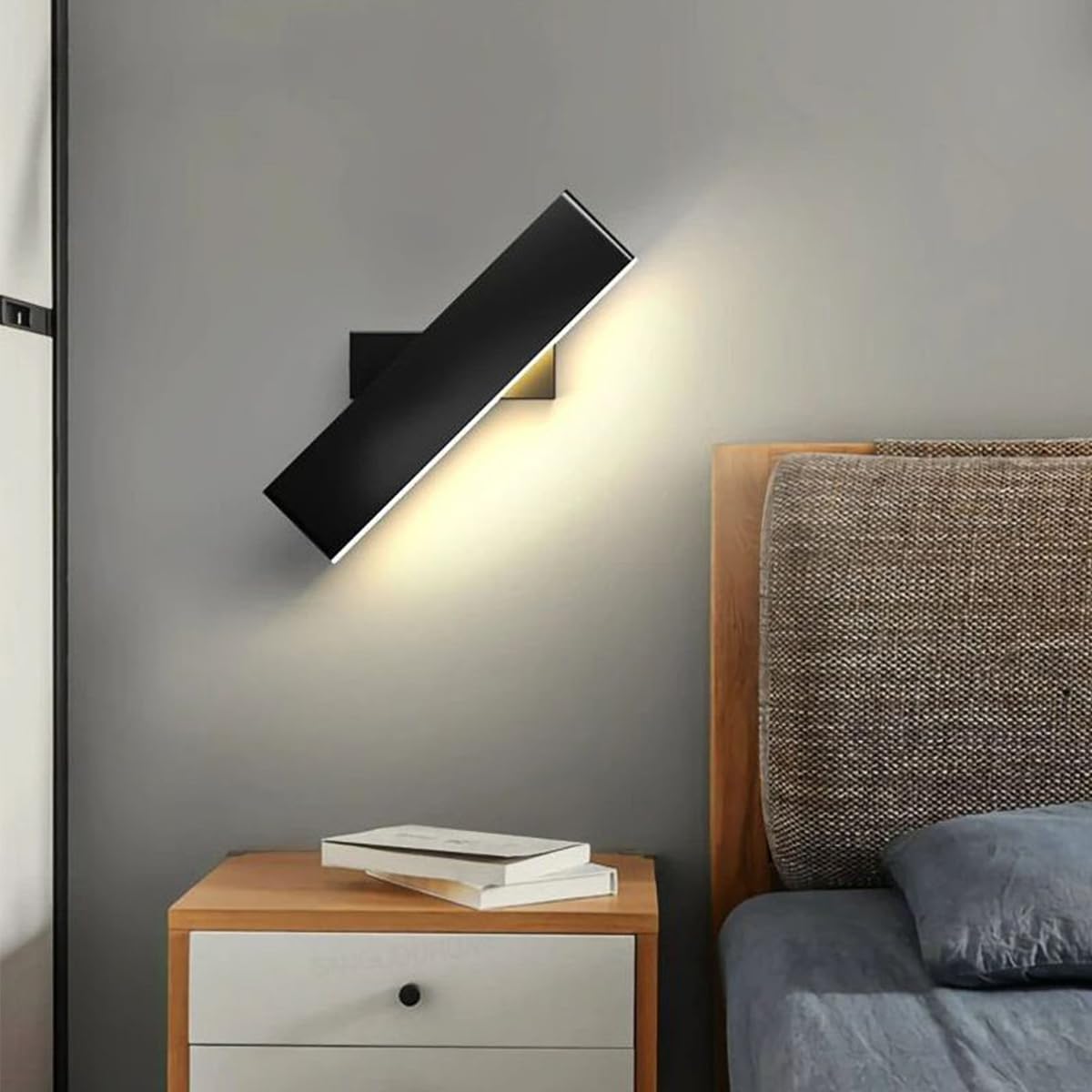 9W Aplique de pared Interior, Giratoria de 360 ° | Lámpara de Pared Moderna, Luz de Pared LED Negro para Dormitorio, Sala de Estar, Pasillo, Escaleras, Blanca Cálida