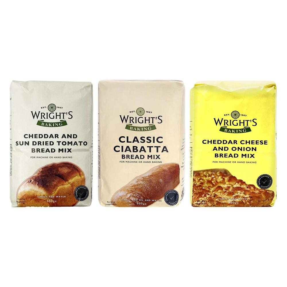 Wright's Baking Bread Mix Selection Pack ( Cheddar & Sun Dried Tomato - Classic Ciabatta - Cheddar Cheese & Onion ) - One of Each 500g Pack