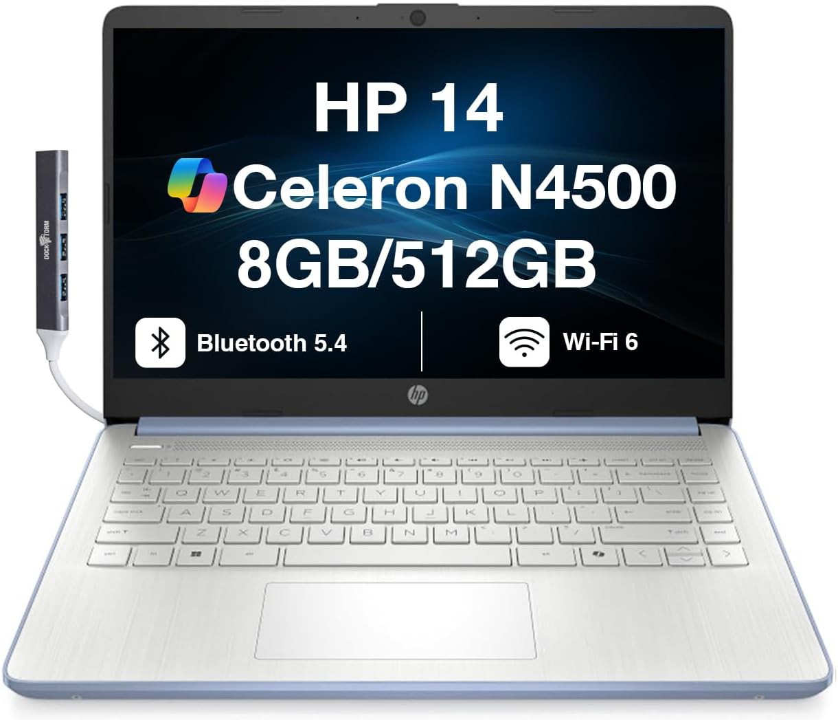 HP 14 Student & Business Laptop 14.0" HD Display (Intel Celeron N4500, 8GB DDR4, 256GB PCIe SSD, Intel UHD, WiFi 6, Webcam, Bluetooth 5.3, Jet Black, Win 11 Pro) w/DKZ USB Port Expander