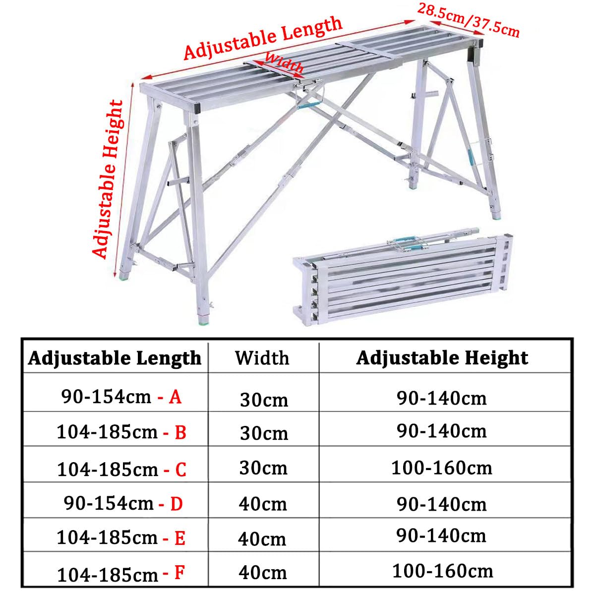 Ponteggio Pieghevole in Acciaio zincato per edilizia e Decorazione. Portatile e Regolabile in Altezza e Lunghezza. Supporta Fino a 400 kg (880 libbre). Larghezza: 30 cm/40 cm.