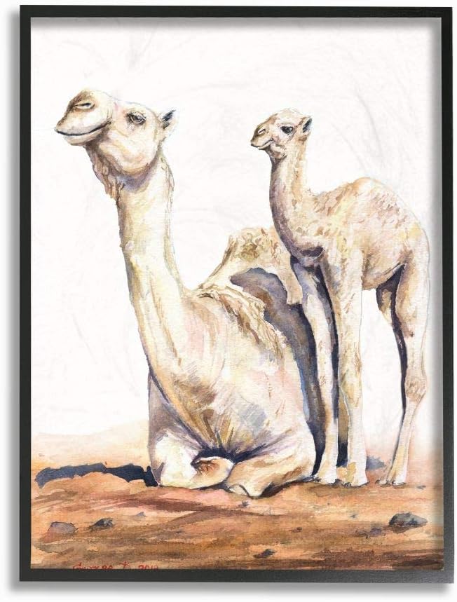 Stupell Industries Cute Baby Camel Family Animal Watercolor Painting Black Framed Wall Art, 11 x 14, Multi-Color 11x14 Black Framed Giclee