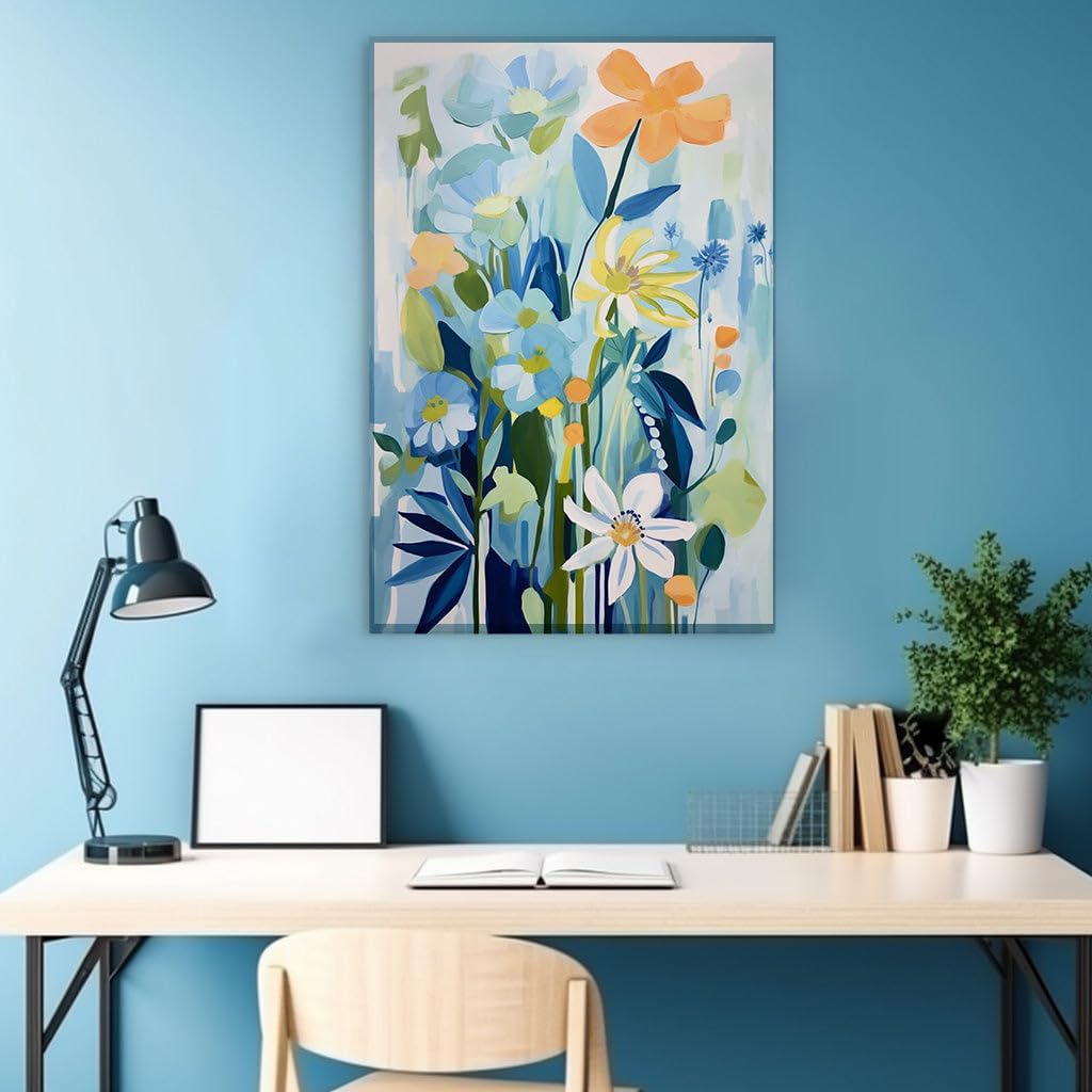 Canvas for Living Room. Whispers of Color in a Dreamy Bouquet - The Serenity of Blue and White with a Pop of Vibrant Intrigue, 27 x 18 inch Canvas Wall Art - Ready to Hang