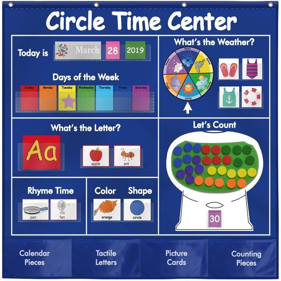 CSLU Circle Learning Time Center Pocket Chart Calendar Set, Educational Pocket Chart Learning Shape, Color Classroom Pocket Chart-Number Pocket Chart Wording Rhyme Pictures Pocket Chart