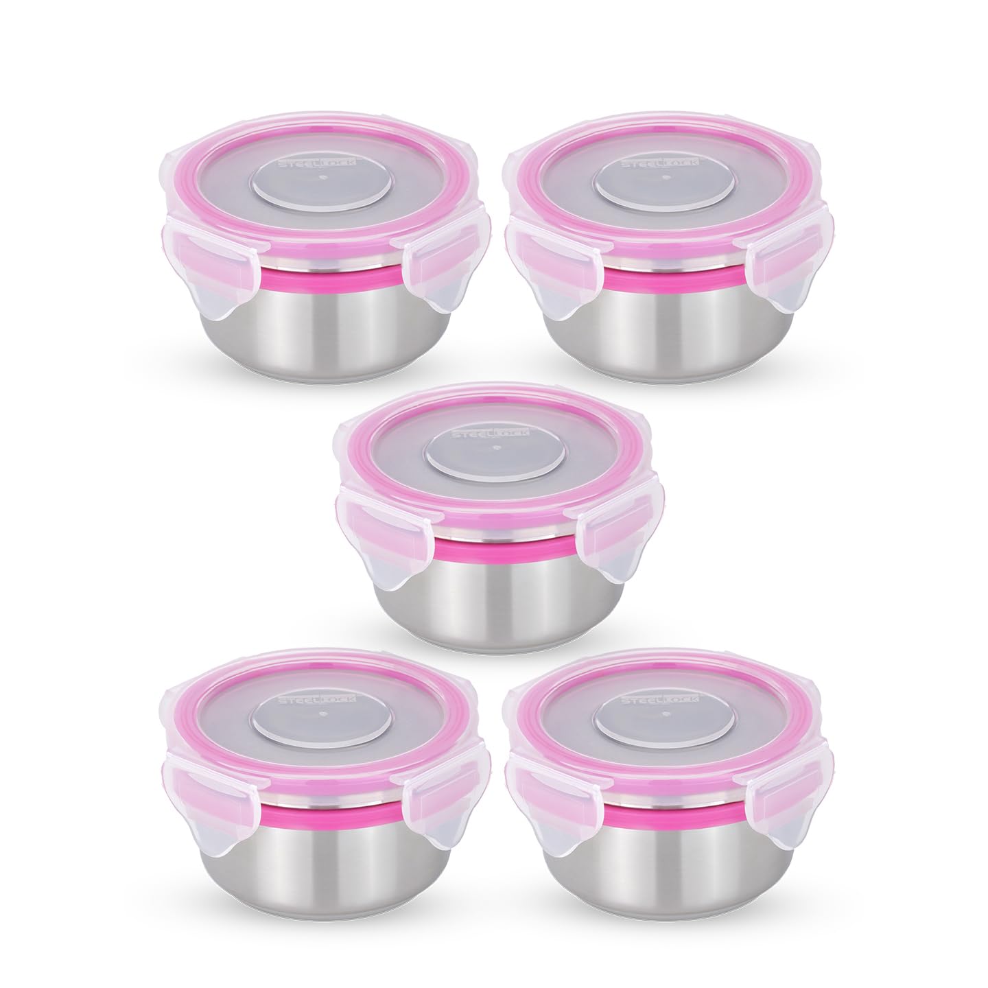STEELLOCK Stainless Steel Airtight Container with Lid | Leakproof, BPA-Free | Multipurpose Food Storage Containers/Tiffin/Dabba for Office, School & Kitchen | SL-1101-set of 5, 150ml each, Pink