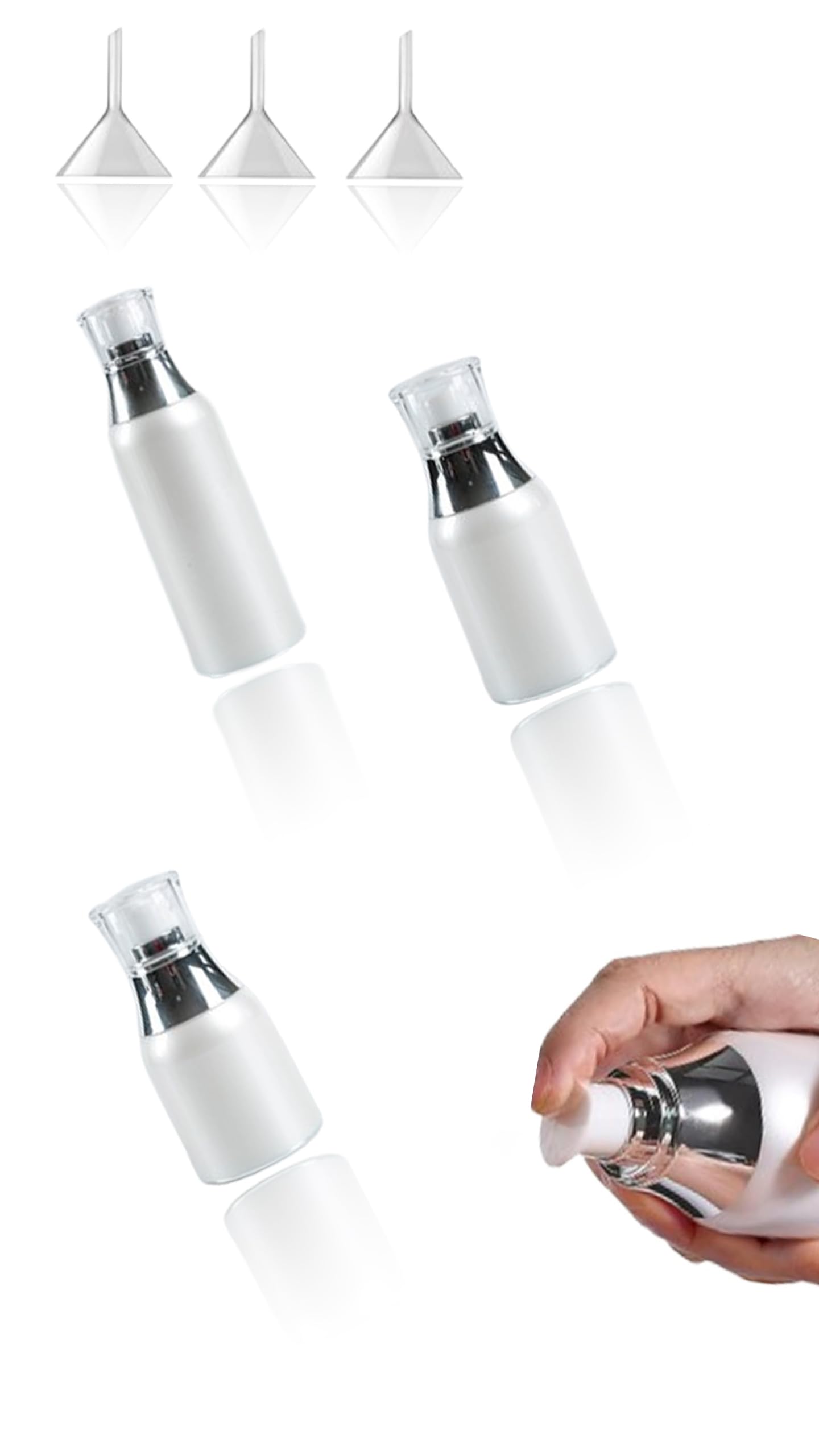 Sweet seven Set of 3 Airless Pump Jars and three small transparent funnels- Refillable Cosmetic Containers for Lotion, Cream, and Makeup Friendly Design - 30/50/100ML Sizes - Pearly White