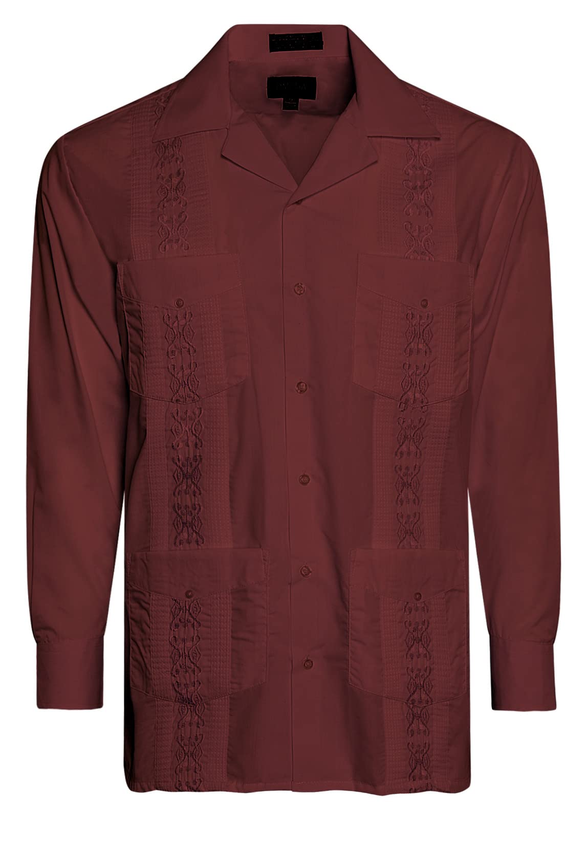 Omegatux Men's Burgundy Cuban Guayabera Long Sleeve Shirts Wedding Cigar Beach Bartender Casual, Xxl