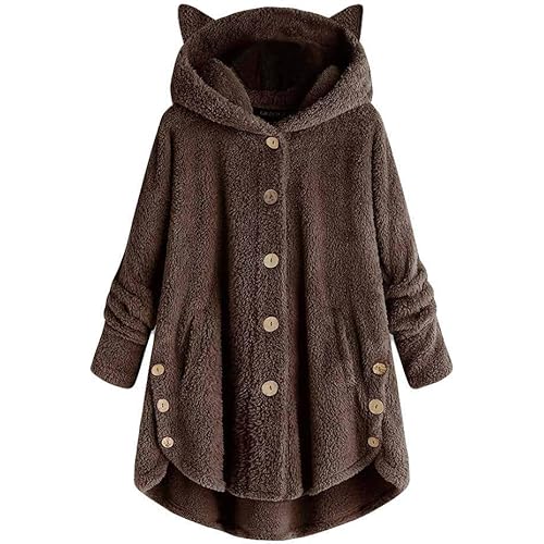 Fastbot Fleece Jacket Women Pullover Hoodie Fleece Hooded Sweatshirt Cat Ear Pocket Solid Warm Winter Oversized Outwear