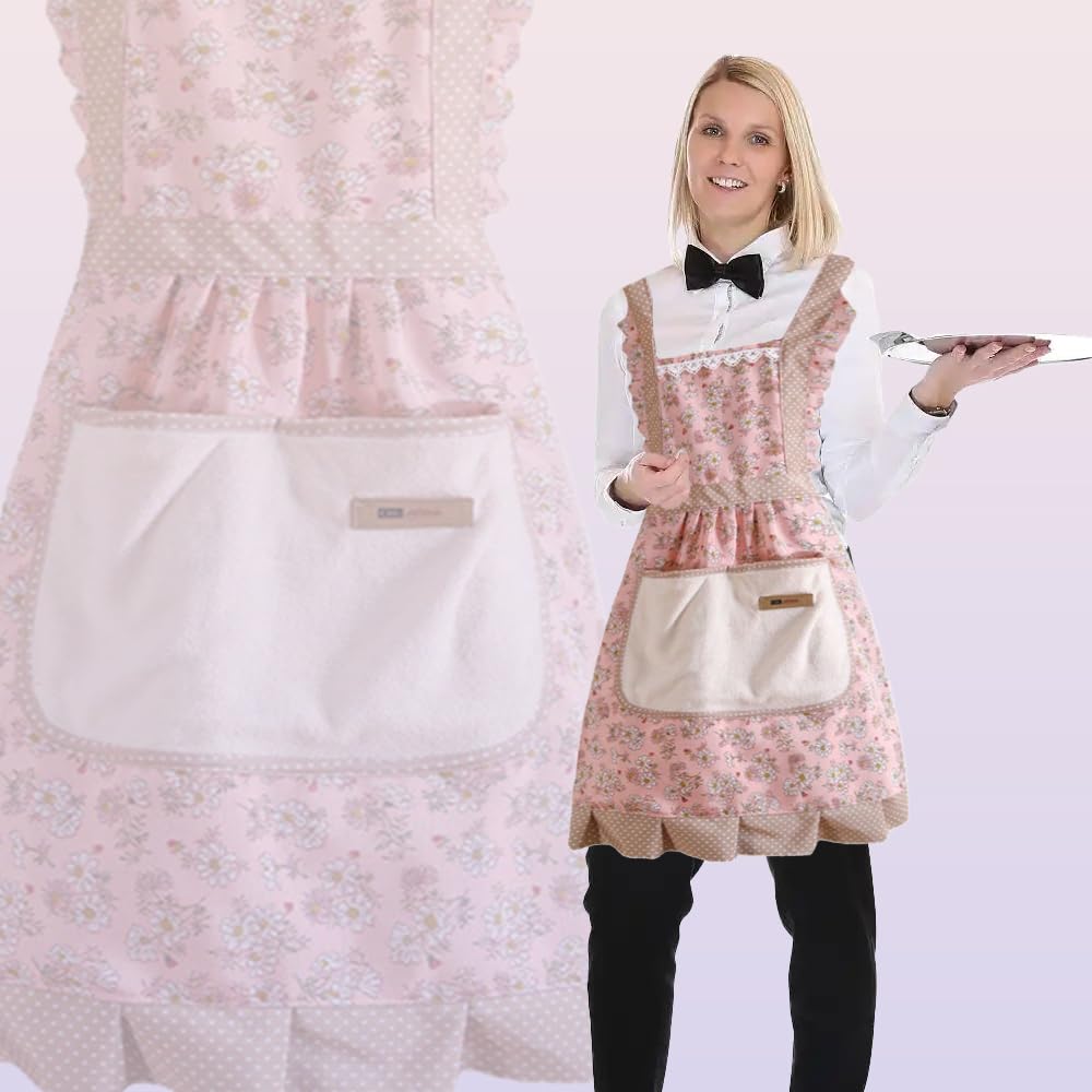 Shirene Damski fartuch kuchenny, vintage, różowy płócienny kwiatowy fartuch z kieszeniami, regulowany fartuch kuchenny, fartuchy dla kobiet do kuchni, pieczenia, ogrodnictwa, grilla (różowy)