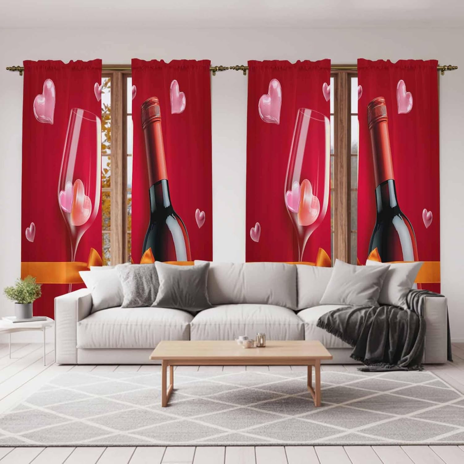 Valentine's Day Kitchen Curtains, Romantic Love Wine Glass Cup Bow Abstract Red Light Filtering Window Curtain, 2Pcs Rod Pocket Window Treatments Set for Living Room Bathroom Bedroom 52x72 Inches