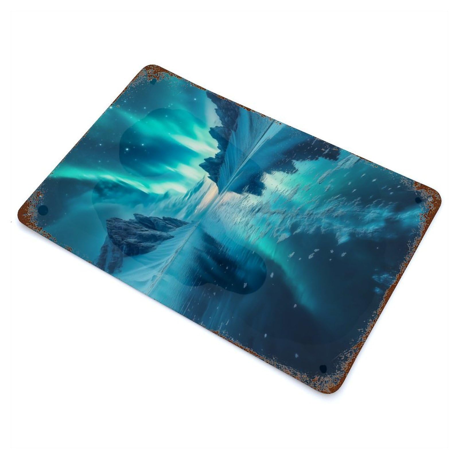 Aurora Borealis Over Mountains 11.8"x7.9" Aged Metal Wall Plaque, Retro Wall Decor for Farmhouse, Kitchen And Entryway Decor