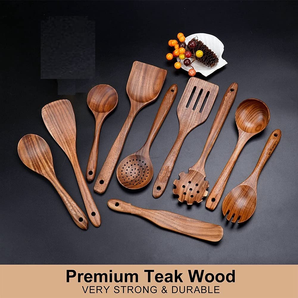 Set Di 5 Utensili Da Cucina In Legno Di Teak Biologico - Cucchiai E Spatole Per Pentole Antiaderenti - Regalo Per Chef