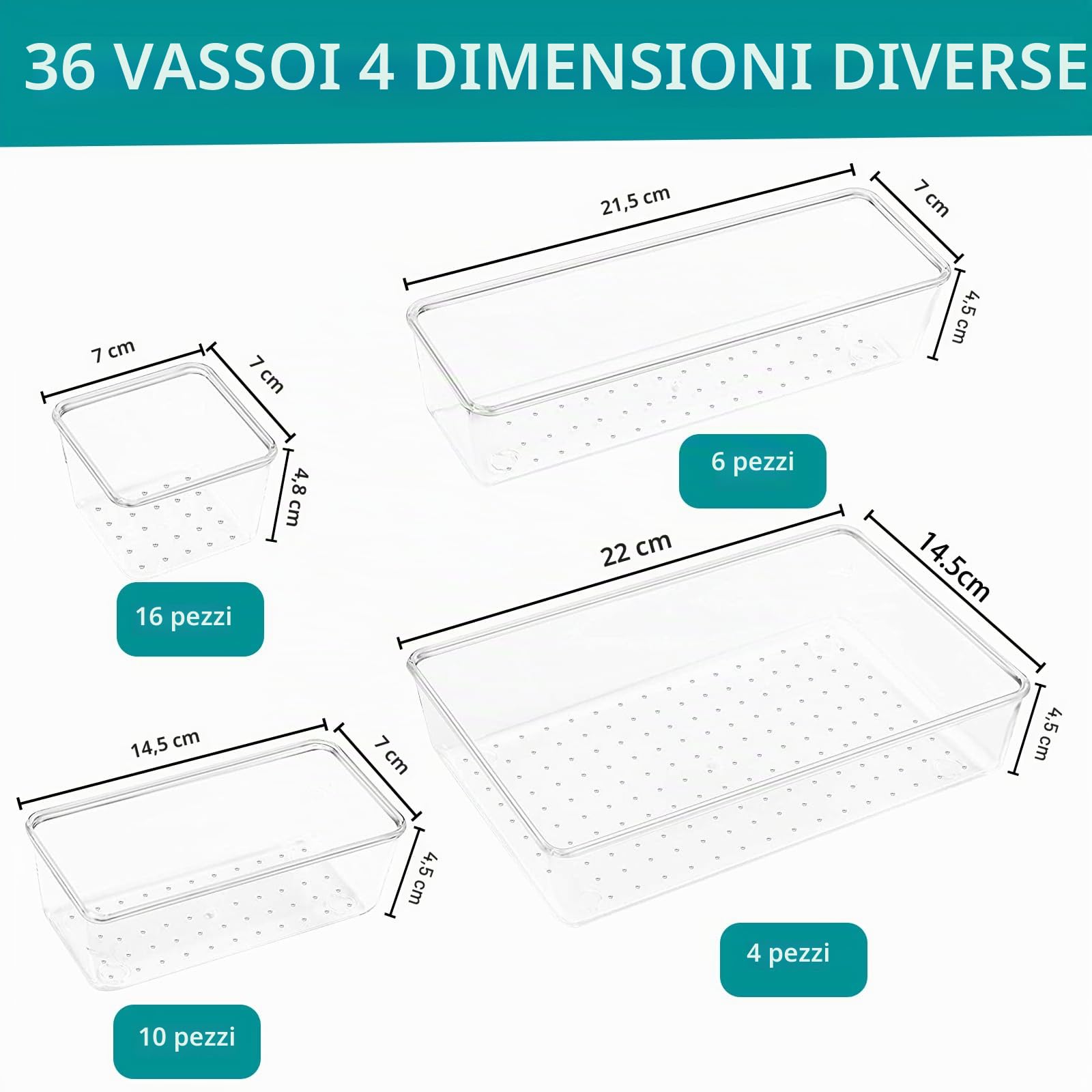 Organizzatore per cassetti da 36 pezzi con 4 misure, organizzatore per trucco, organizzatore per make-up, plastica trasparente, organizzatore per cassetti per scrivania, ufficio, cucina
