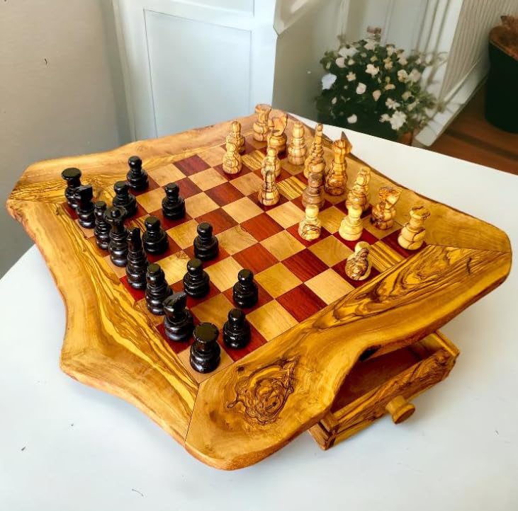 Handcrafted Olive Wood Chess Set with 32 Hand-Carved Pieces | Rustic Chess Board with Storage Drawers | Multiple Sizes | Red/Black | Premium Tabletop Chess Game (45x45cm - Playing area 32x32cm, Red)