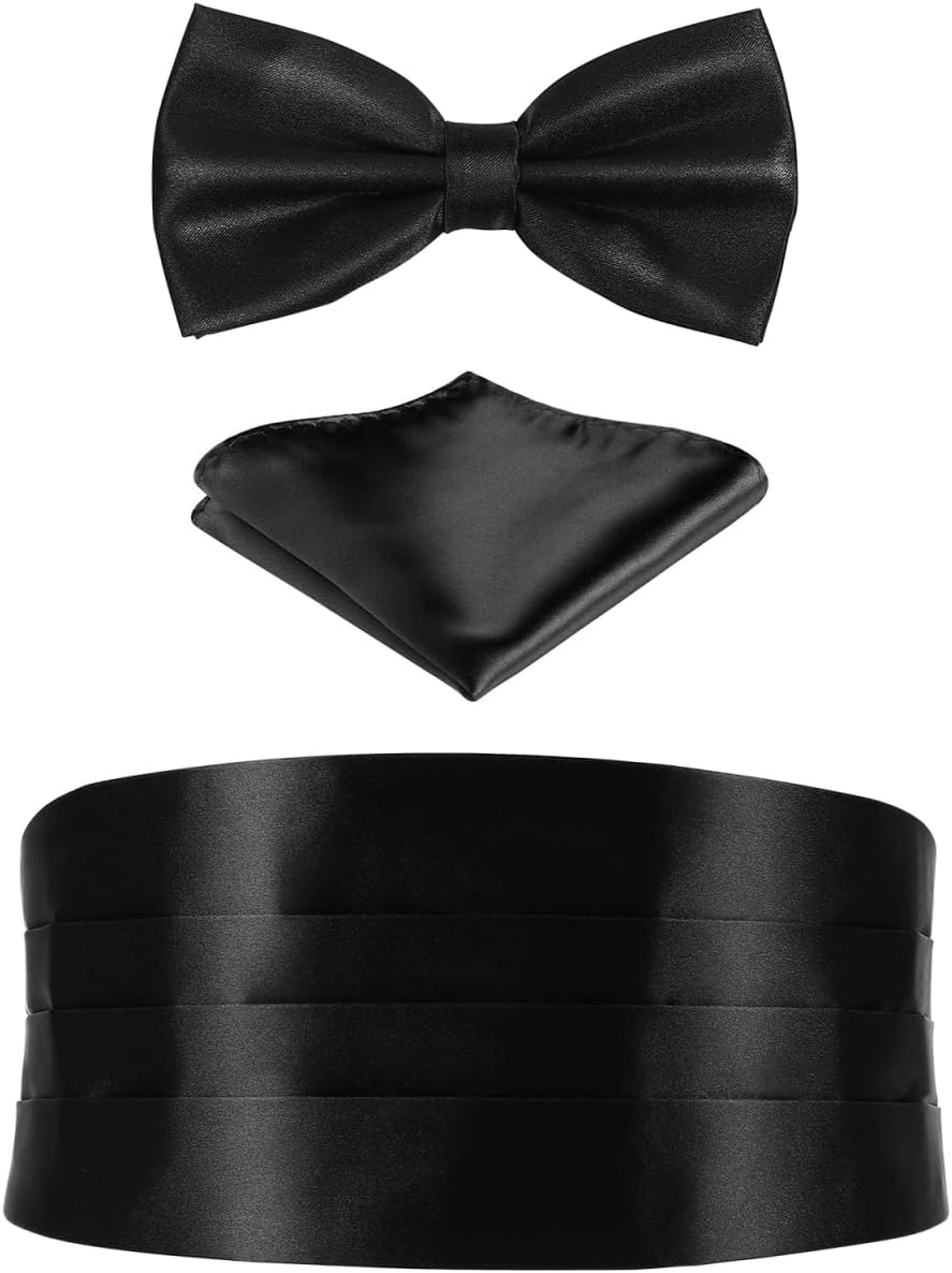Men's Cummerbund Bow Tie Set, Adjustable Solid Tuxedo Cummerbund, Bow Tie Pocket Squares & Self-tie Bowtie for Weddings, Proms And Formal Event