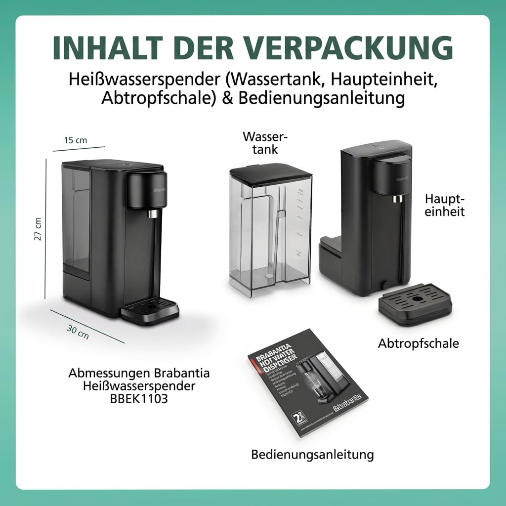 Brabantia Heißwasserspender, 2,5 Liter, 2600 Watt, 100°C, Abnehmbarer Wassertank, Heißes Wasser in 5–10 Sek., Instant-Wasserkocher, Entkalkungsanzeige, Einfache Bedienung, Schwarz, BBEK1103