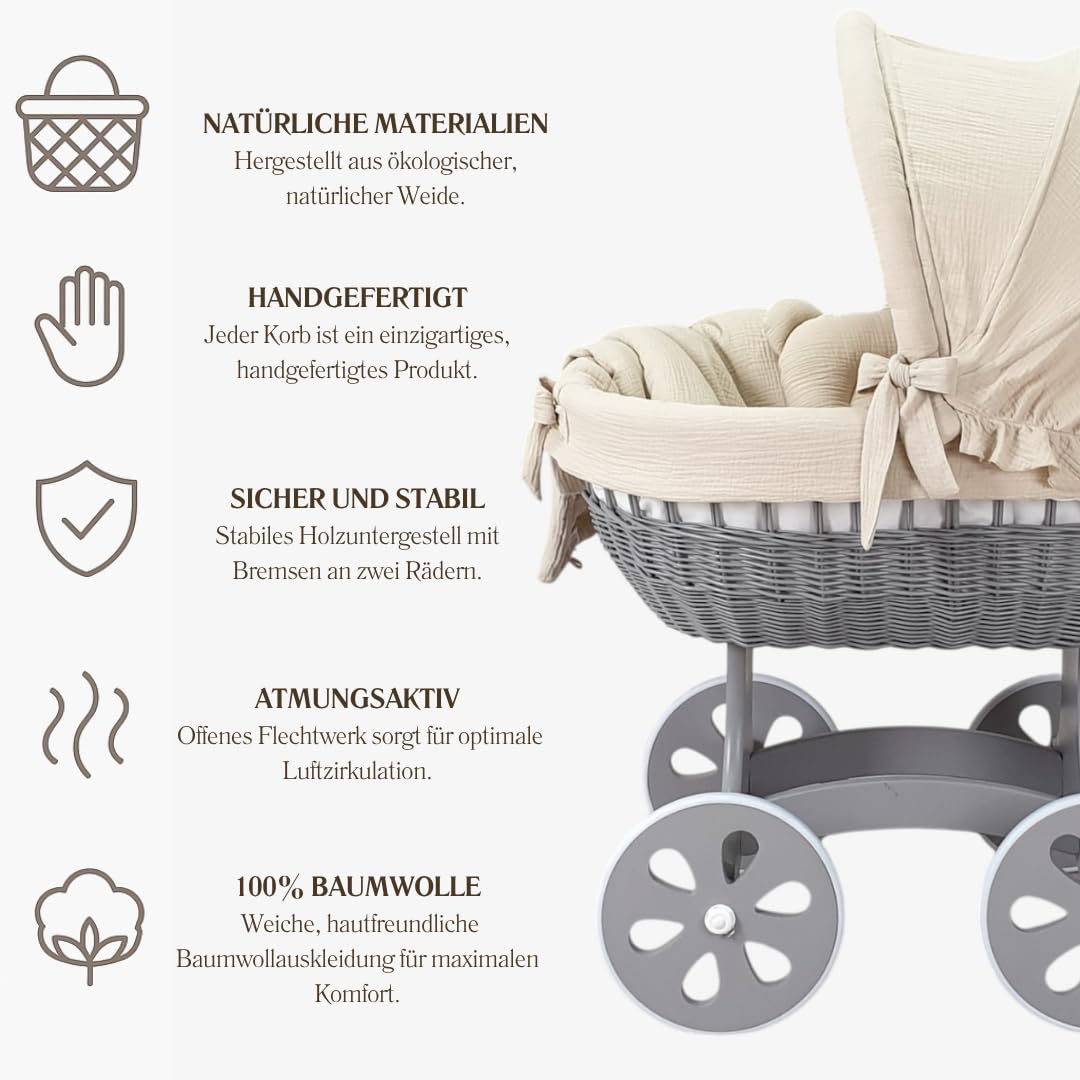 Wiklinopol Culla Annabell – Cestino Moses in vimini naturale con struttura e ruote – Set biancheria in mussola beige 5 pz. – Cestino grigio – con materasso incluso