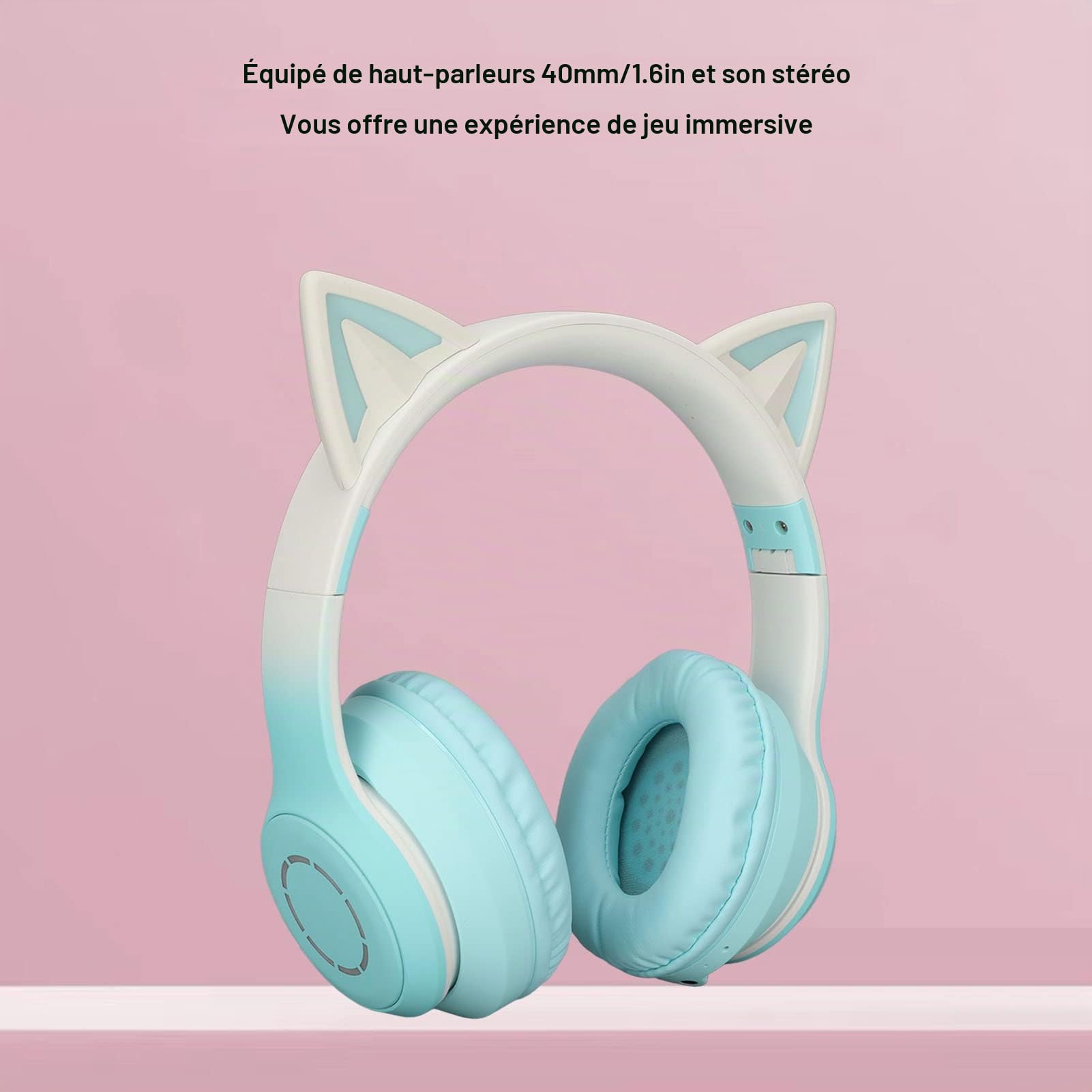 Casque de Jeu Bluetooth Cat Ear Casque Pliable sans Fil avec Lumière LED (Vert)