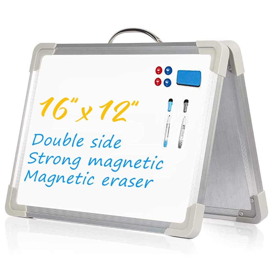 Photo 1 of Small Dry Erase Board for Kids with Stand, 16" x12" Portable Magnetic Board Desktop Whiteboard Double Side Folding Mini White Board for Desk with Dry Eraser, 4 Magnetic Buttons, 2 Dry Erase Markers