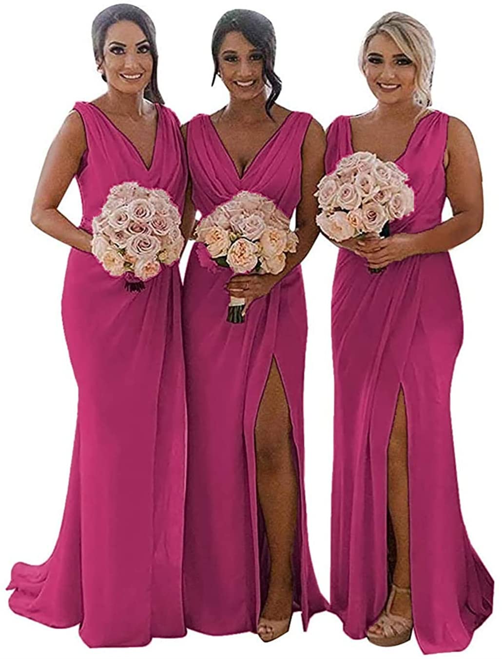 Yiann Women's Fuchsia Bridesmaid Dresses For Plus Size Chiffon Long Formal Dress Evening Gown With Slit Wedding Guest Uk24