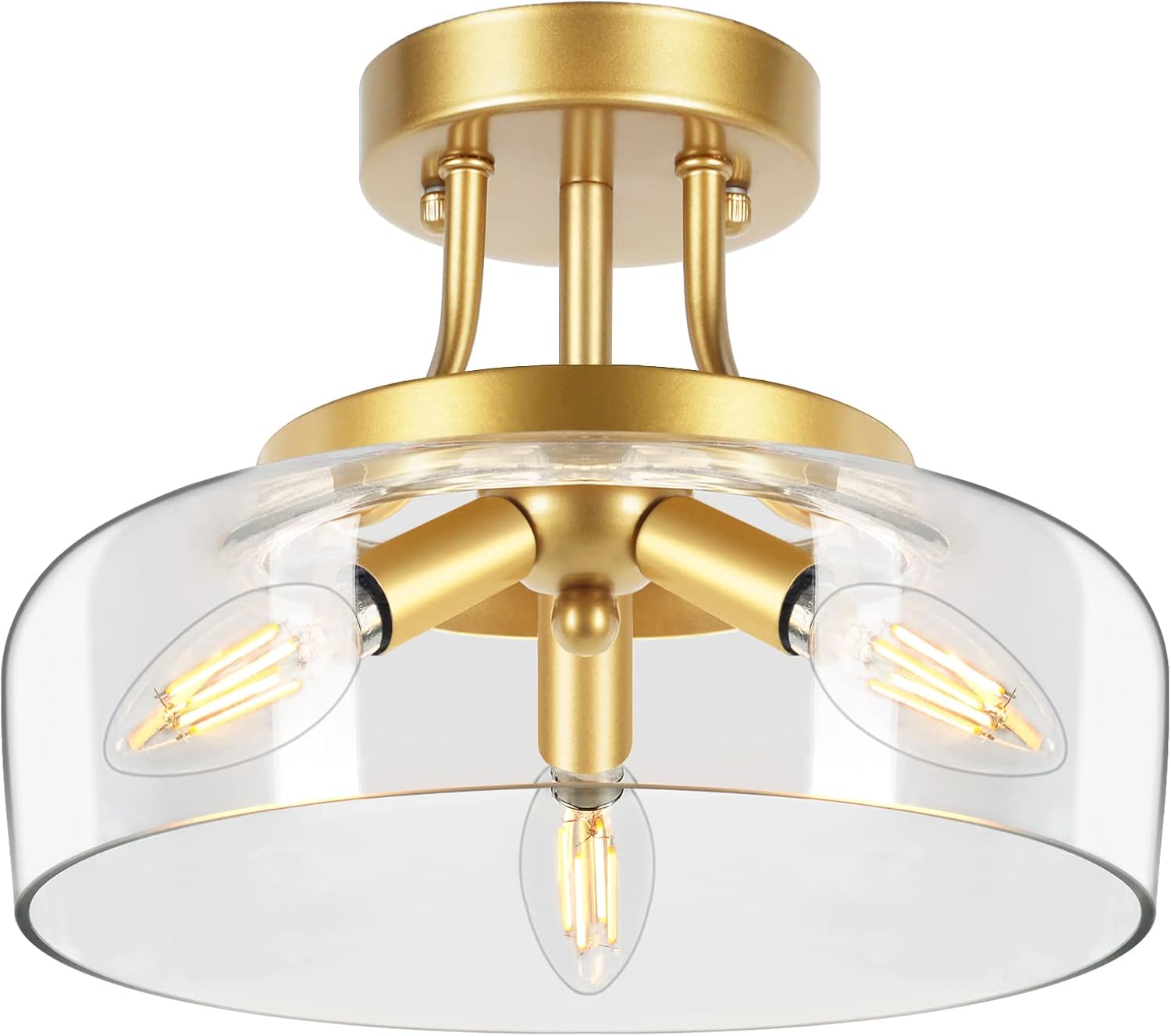 TOBUSA Lámpara de techo semiempotrada de 3 luces doradas, moderna lámpara de techo con pantalla de cristal de tambor, lámpara de techo dorada para