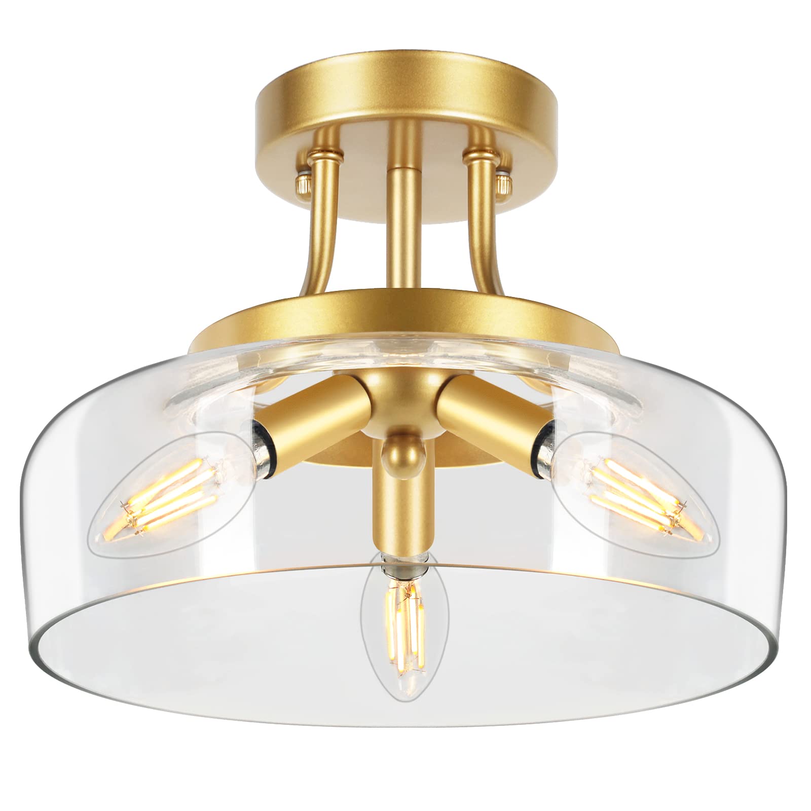 tobusa 3-Light Gold Semi Flush Mount Ceiling Light Fixture Modern Ceiling Light Drum Glass Shade Ceiling Lamp for Living Room Kitchen Bedroom Hallway Bathroom Laundry Room E12 Socket Without Bulb-picture-36