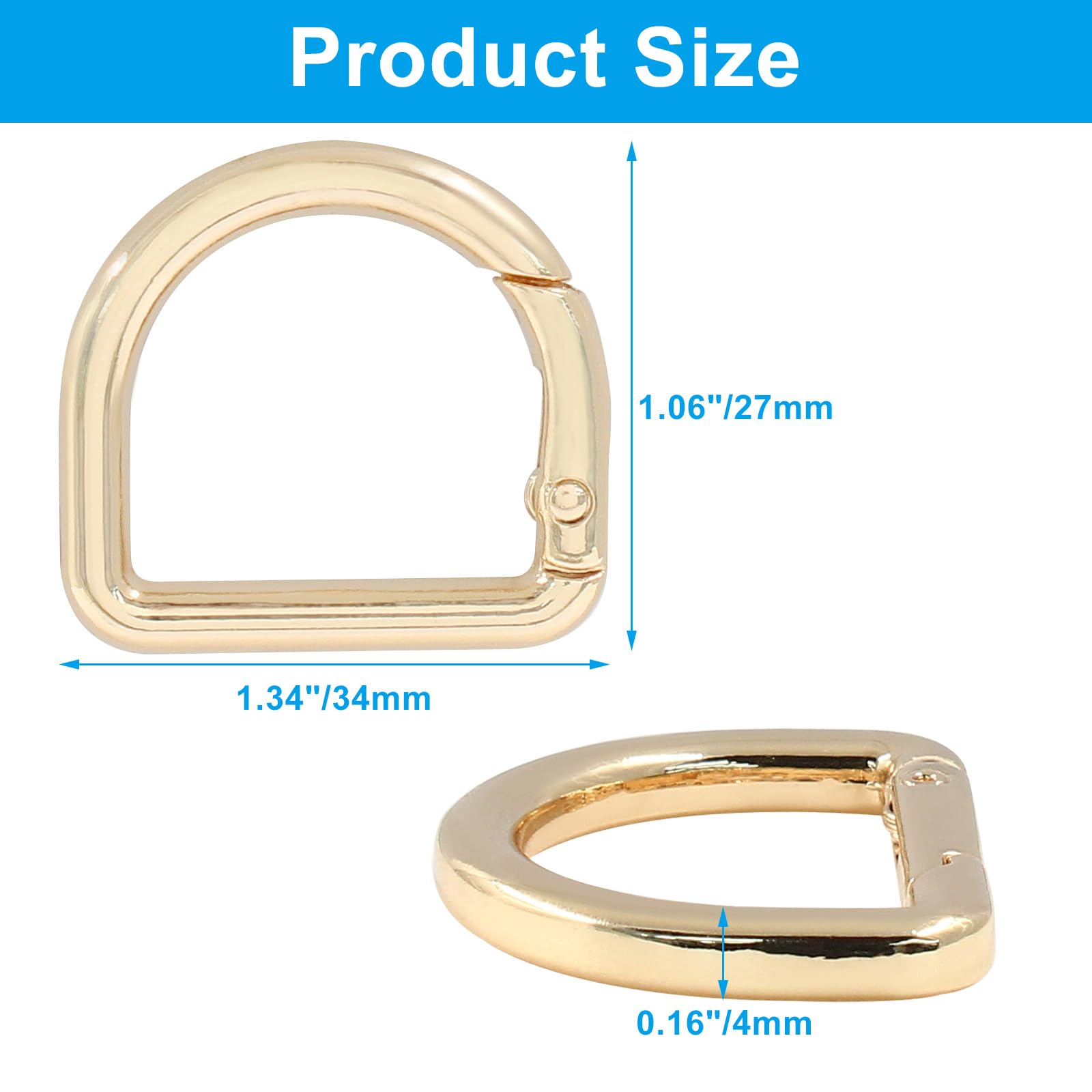 Jiozermi 10 Pack Gold Metal Spring D Rings Keychain, Small D Ring Carabiner Clips Mini Keychain Spring D Rings Hook for Key Purse Dog Tag Clip Backpack Clips Webbing Buckle(1 Inch)
