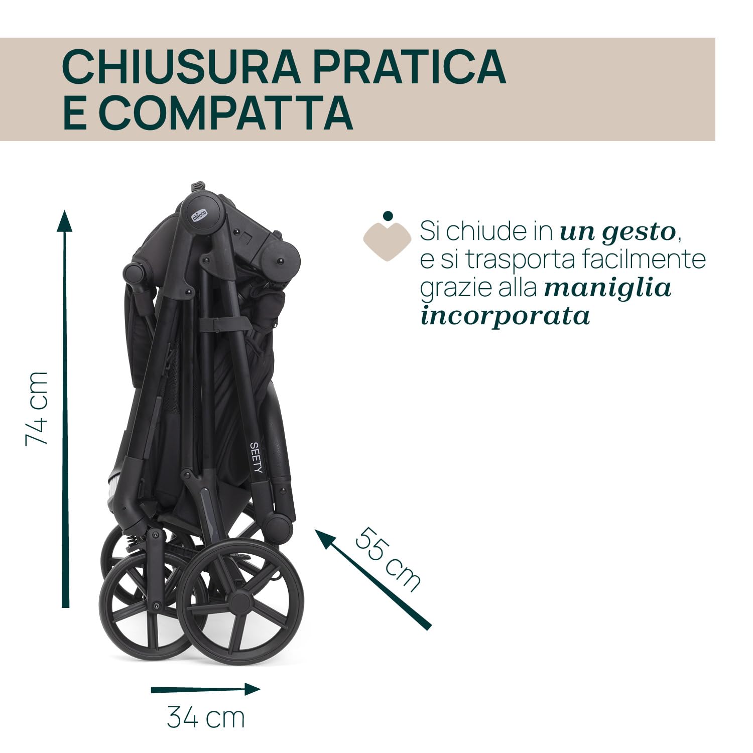 Chicco Passeggino Seety, Passeggino Leggero e Compatto Da 0 Mesi a 4 Anni, Portata Max 22kg, Passeggino Pieghevole, Schienale Reclinable, Chiusura Automatica in 1 Gesto, Capotte Parasole e Parapioggia