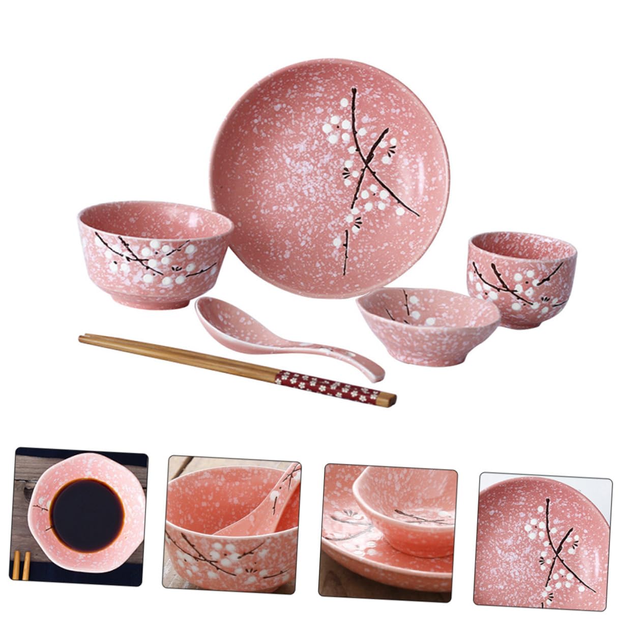 BESTYASH Juego De Vajilla Japonés Cerámico Rosa 12 Piezas Para Hogar, Incluye Cuencos, Platos, Tazas y Cubiertos, Apto Para Cenas y Restaurante