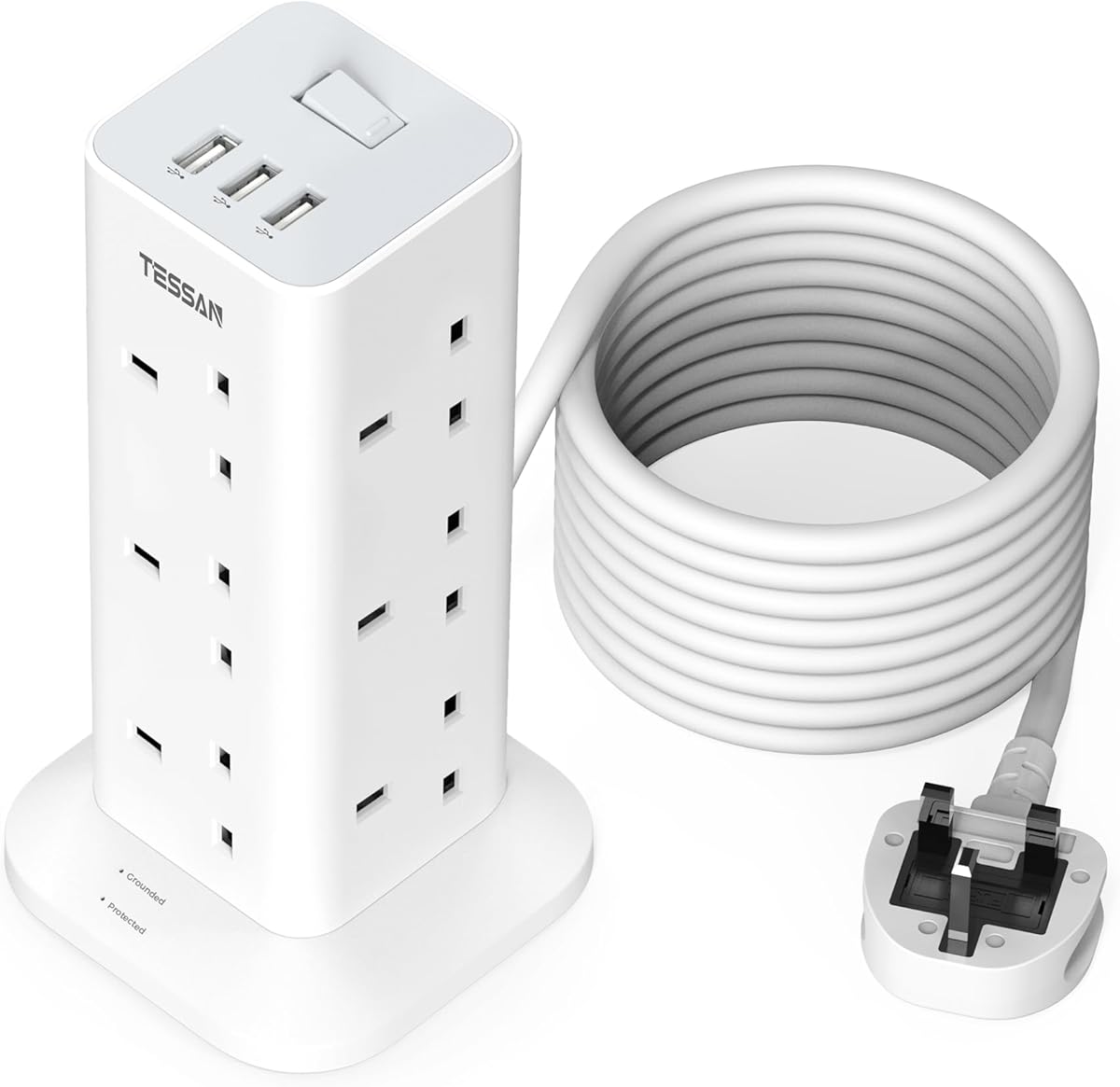 Tower Extension Lead 5M with 3 USB Slots, TESSAN 12 Way Multi Plug Extension Sockets with Long Cable, Surge Protected Power Strip with Switch for Home, Office, Kitchen, School Supplies