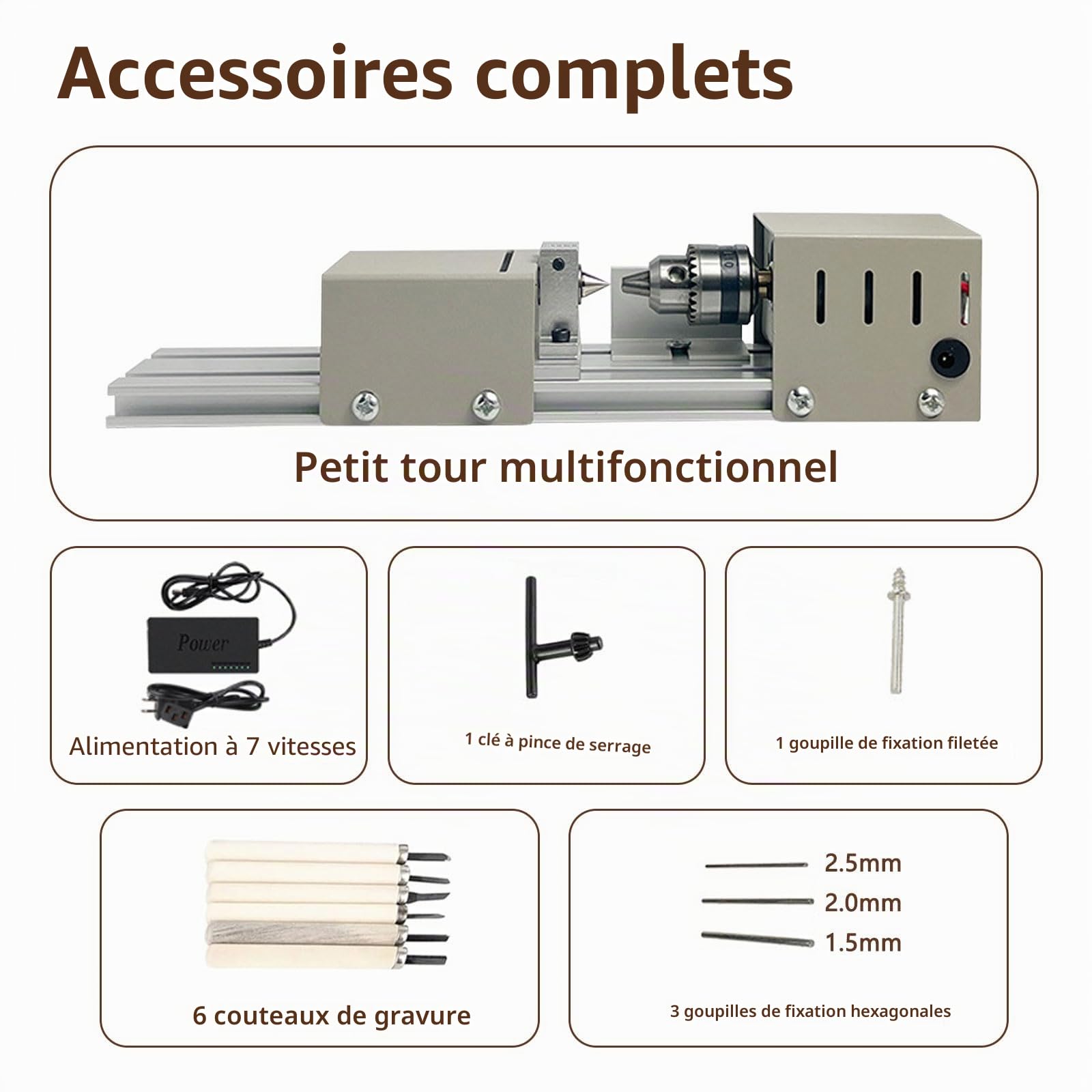 Mini tour en métal, 96 W, 4000-9000 tr/min, 7 vitesses, plage de serrage de 0,6 à 6 mm, tour de table pour le travail du bois DIY