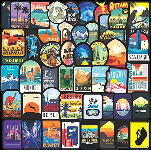 Image of FlyBuyHub Travel Aesthetic Vinyl Stickers for Phone Case, Laptop, Notebook, Diary, Water Bottle, School Bag - Self-Adhesive Set of 50 Glossy and Waterproof (City Travel)