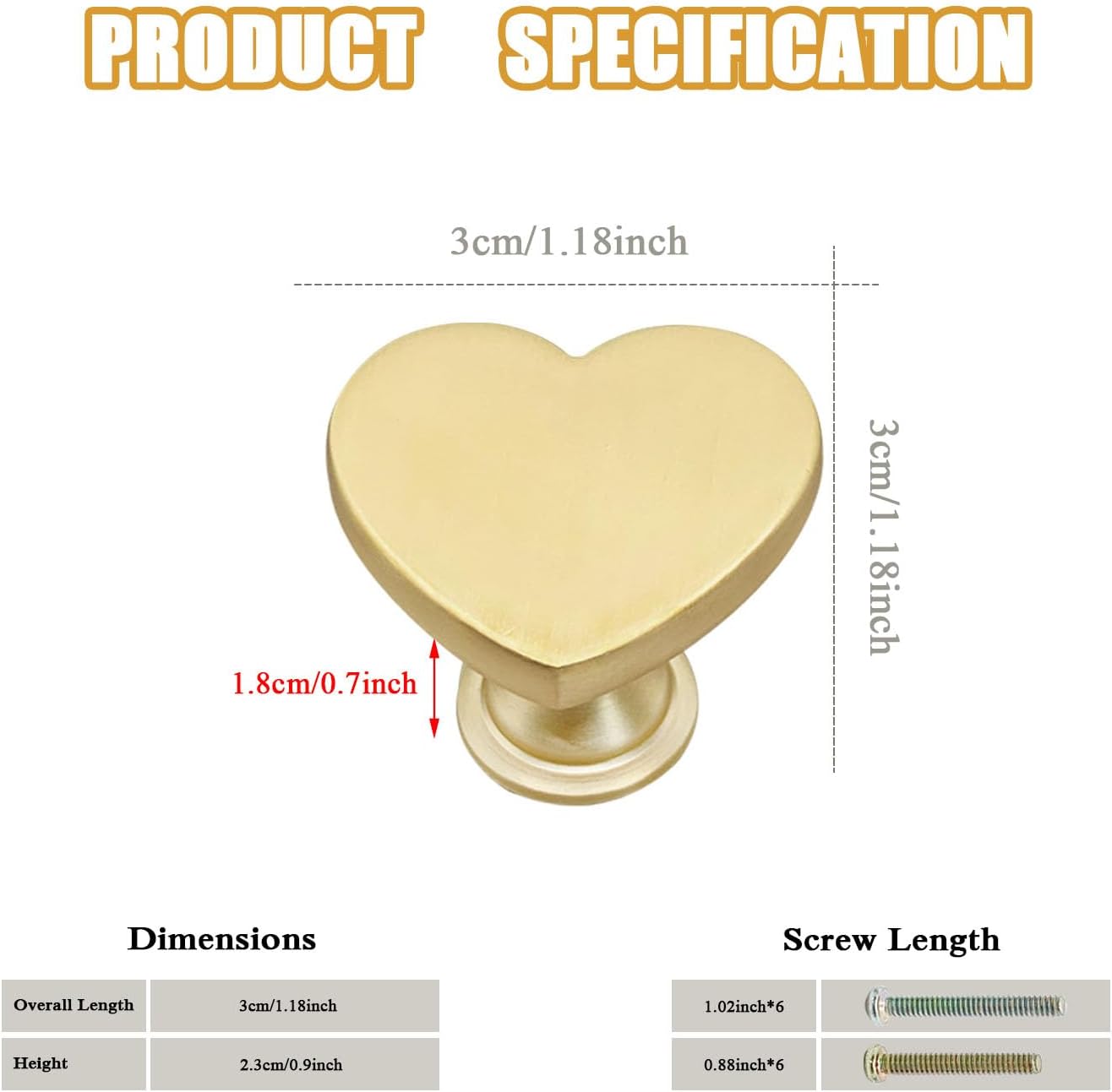 6 Pcs Brass Heart-Shaped Gold Cabinet Knobs, Suitable for Bathroom & Kitchen Drawer Pulls