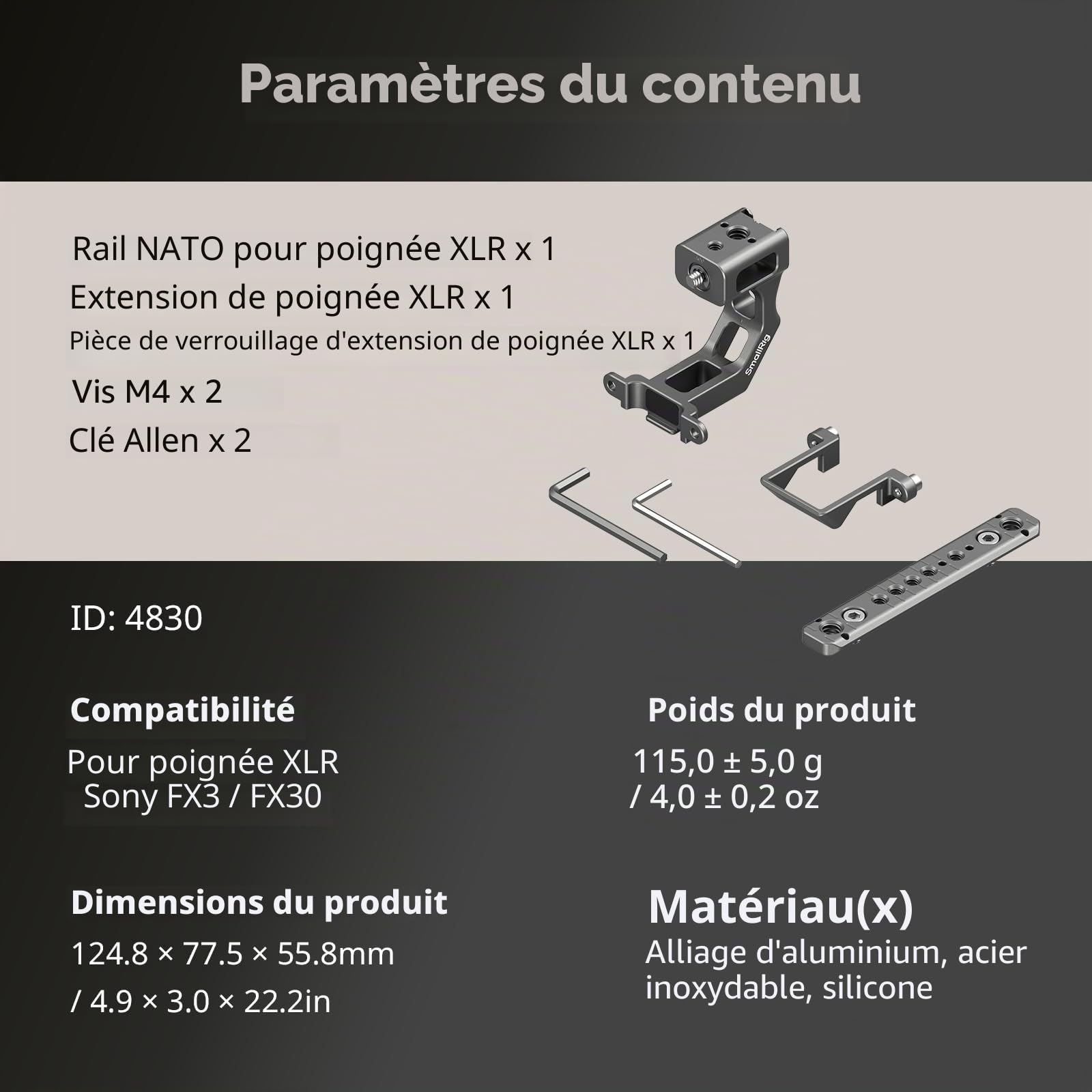 SMALLRIG Kit de Plaque Montage d'Extension pour Sony FX3 / FX30 Poignée XLR avec Griffe Froide, Structure HawkLock QR, avec Trous Filetés 1/4"-20 et Trous de Positionnement 3/8"-16 pour Arri - 4830