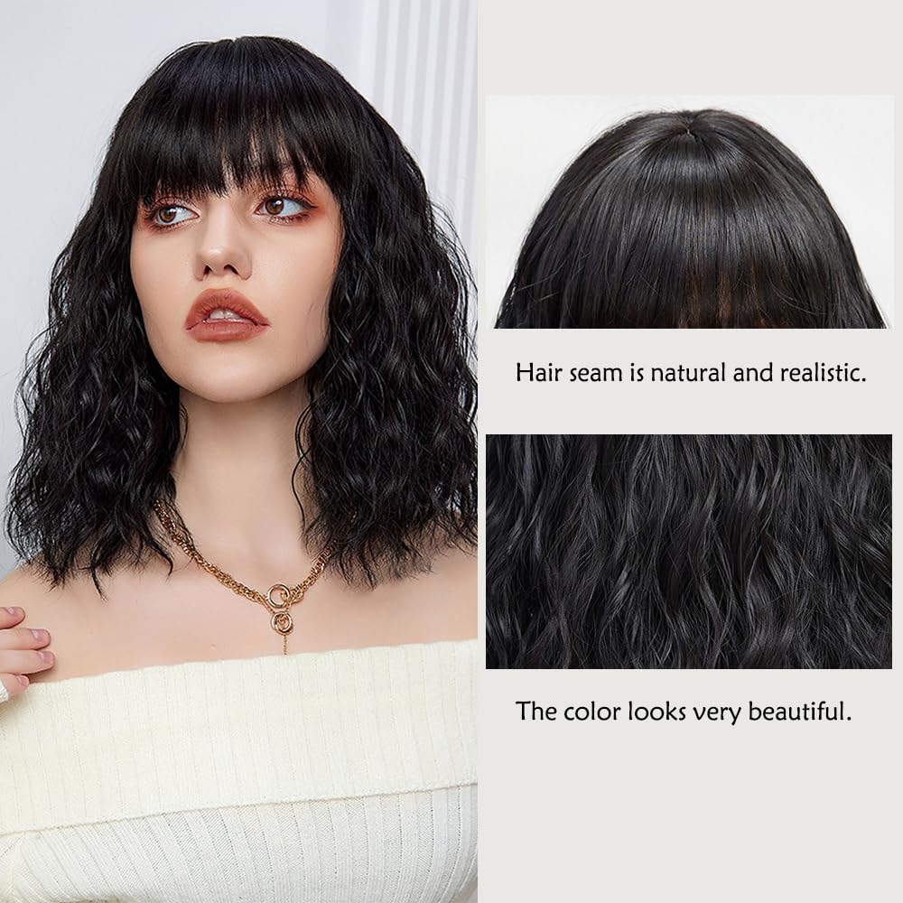 Amazon.com : Short Black Hair Wig,Shoulder Length Bob Curly  display picture 1