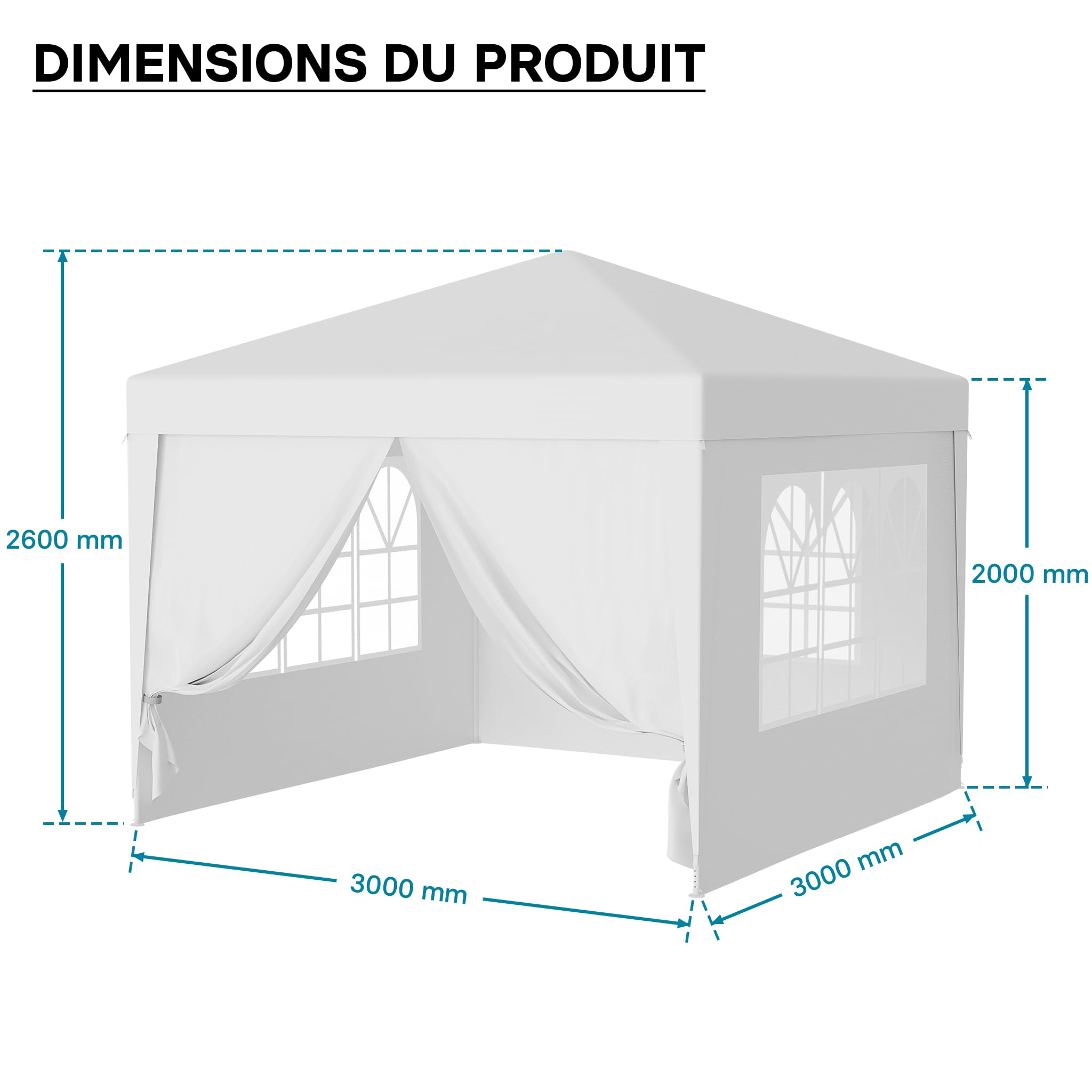 Wiltec Pavillon 3 x 3 m en Blanc avec Protection UV 50+, Gazebo de Jardin avec côtés Amovibles, Tente de réception avec fenêtres pour terrasse et Festival, par Exemple